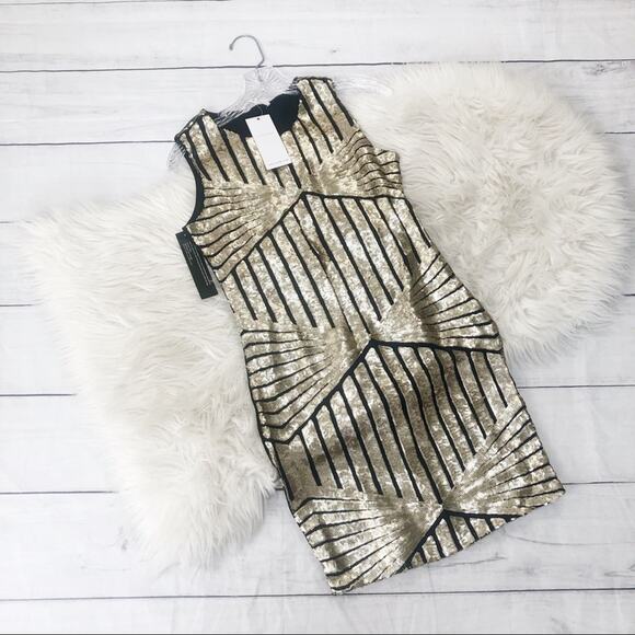 WYLDR ASOS Gold Geo Sequins‎ Sleeveless Round Neck Mini Dress Size Medium NEW - Picture 2 of 6
